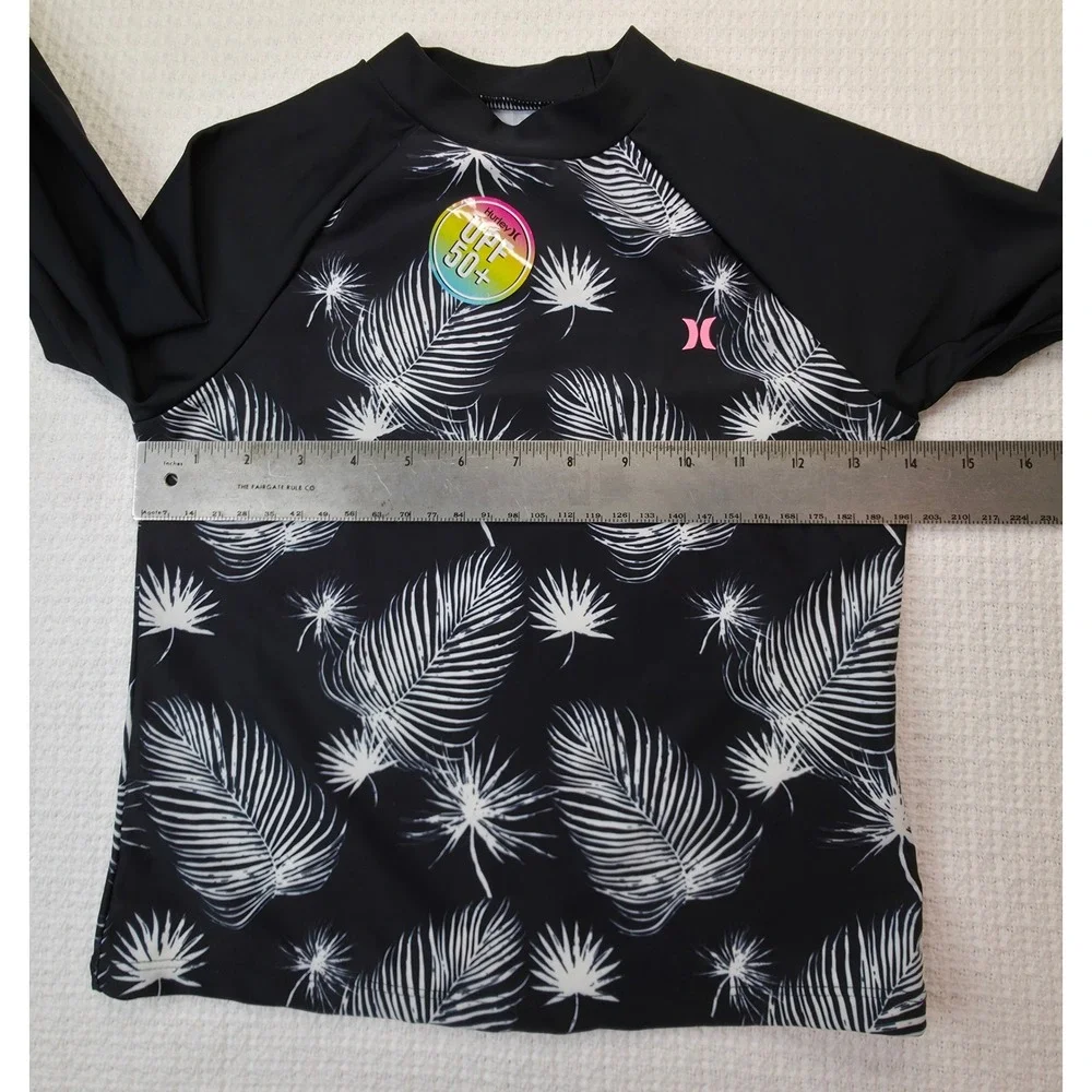 Hurley Rash Guard Girls Size 12 Black Sail New Tropical Long Sleeve UPF 50+ Top